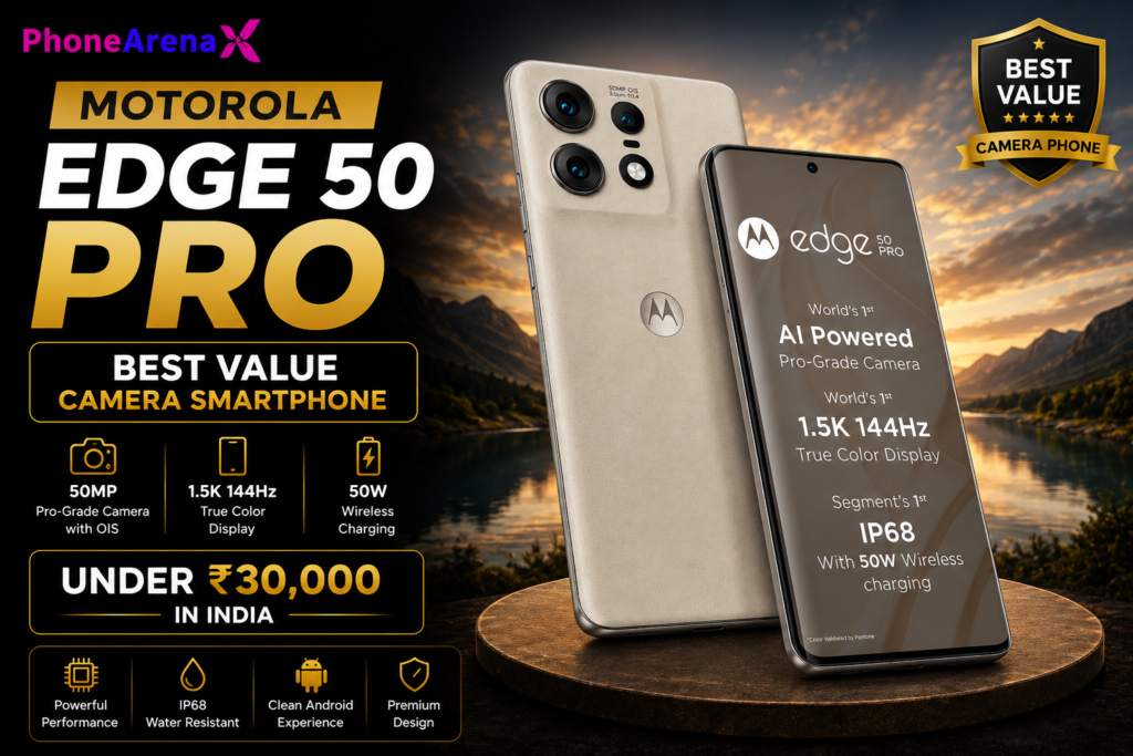 Motorola Edge 50 Pro is one of the Best Camera Phones Under ₹30,000 in India (2026), featuring a 50MP AI camera, 1.5K pOLED display, IP68 rating, and flagship-level photography.