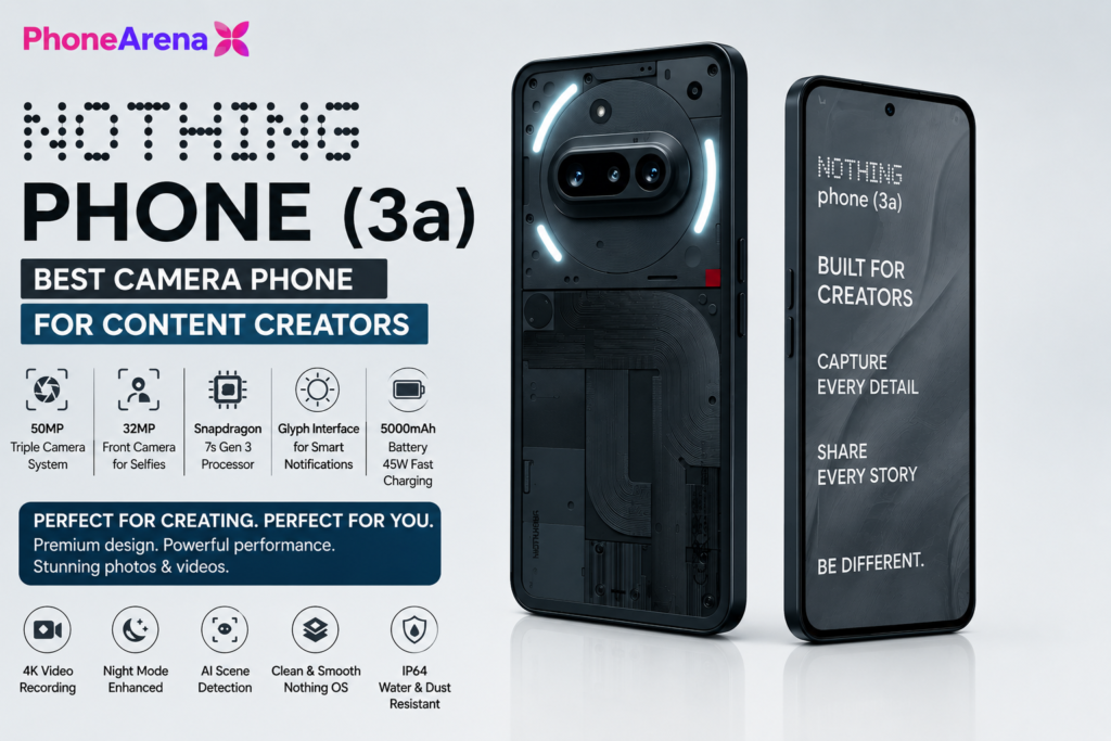Nothing Phone (3a) is one of the Best Camera Phones Under ₹30,000 in India (2026), featuring a 50MP AI camera, Glyph Interface, Snapdragon processor, and premium design for content creators.