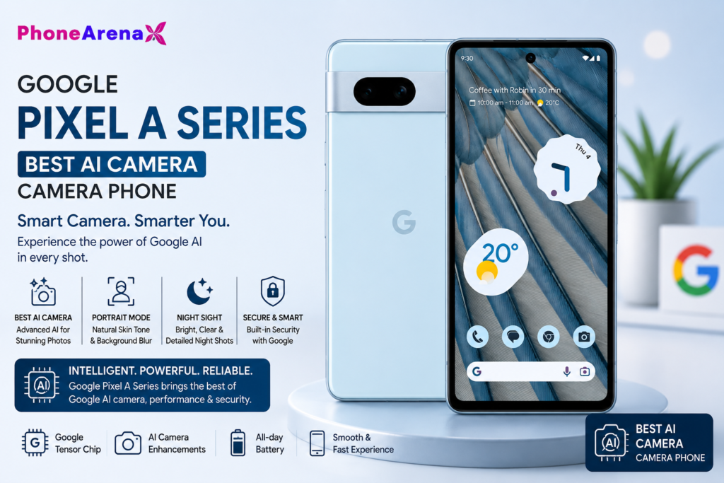 Google Pixel A Series – Best AI Camera Phone Under ₹30,000 in India (2026) with Google Tensor chipset, AI-powered photography, Night Sight, Portrait Mode, and advanced computational camera features.